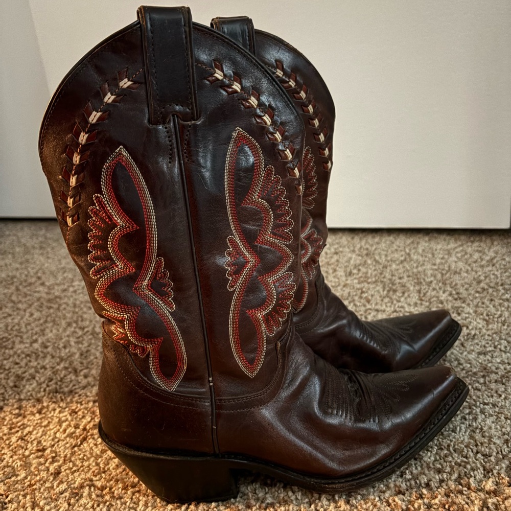 Justin Boots Brown Heeled Boots with Red Accents